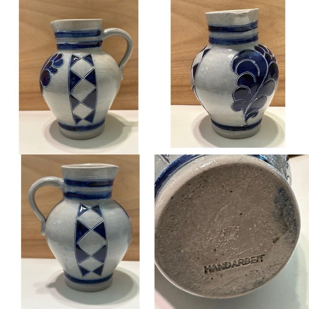 Handarbeit Germany Salt Glazed Blue Hand Painted Stamped Pottery Pitcher